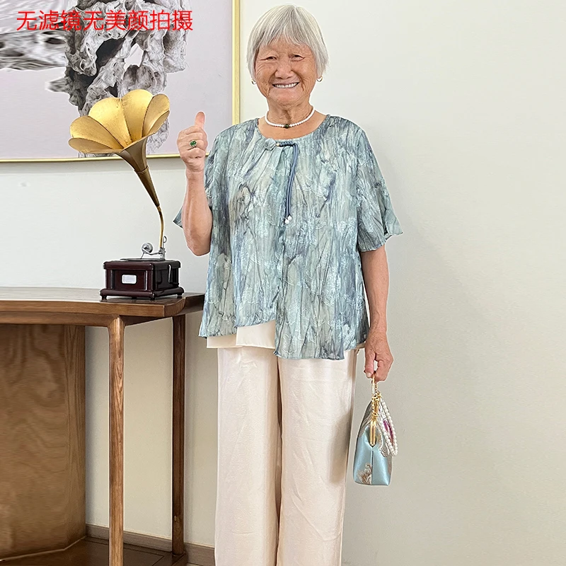 妈妈夏装女洋气雪纺小衫套装中老年人夏季奶奶装时尚宽松显瘦衣服