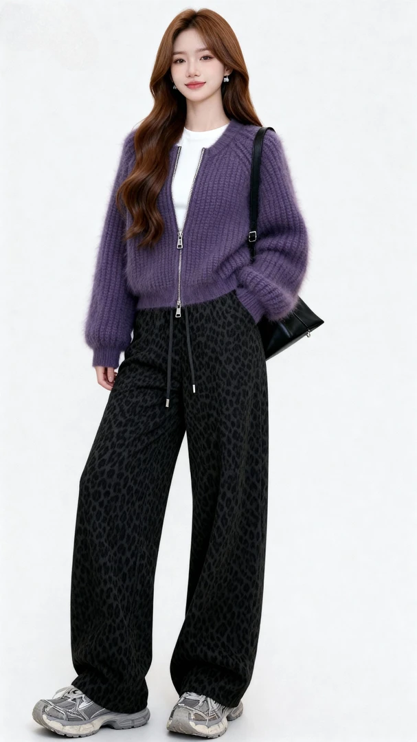 秋冬纯色拉链长袖针织毛衣+百搭豹纹抽绳松紧腰高腰休闲卫裤套装