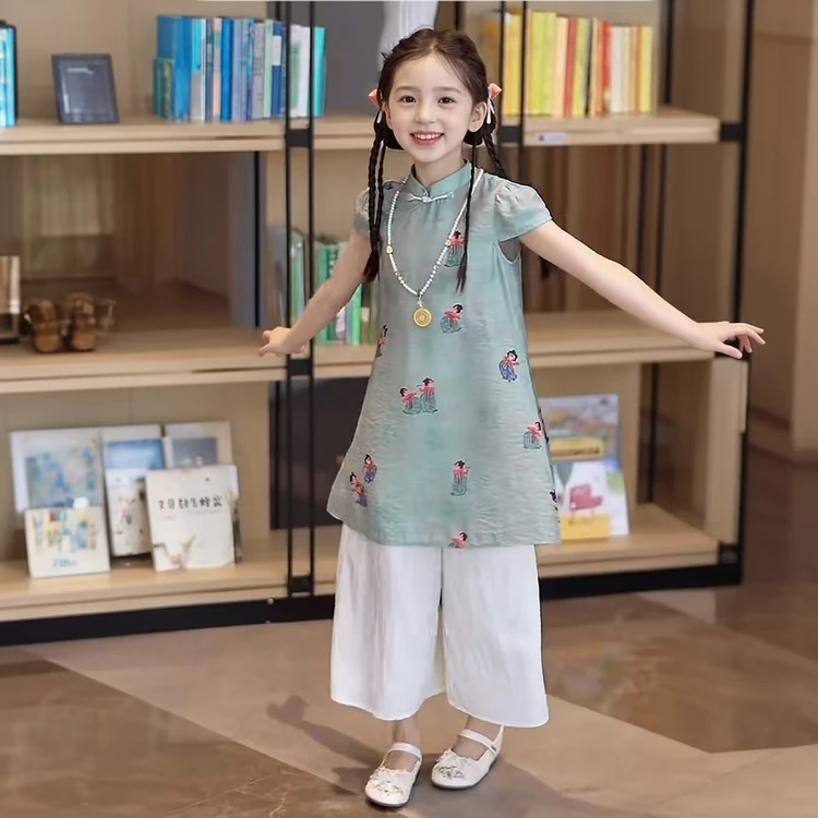 女童套装夏季新中式旗袍上衣2025新款儿童阔腿裤小女孩国风两件套