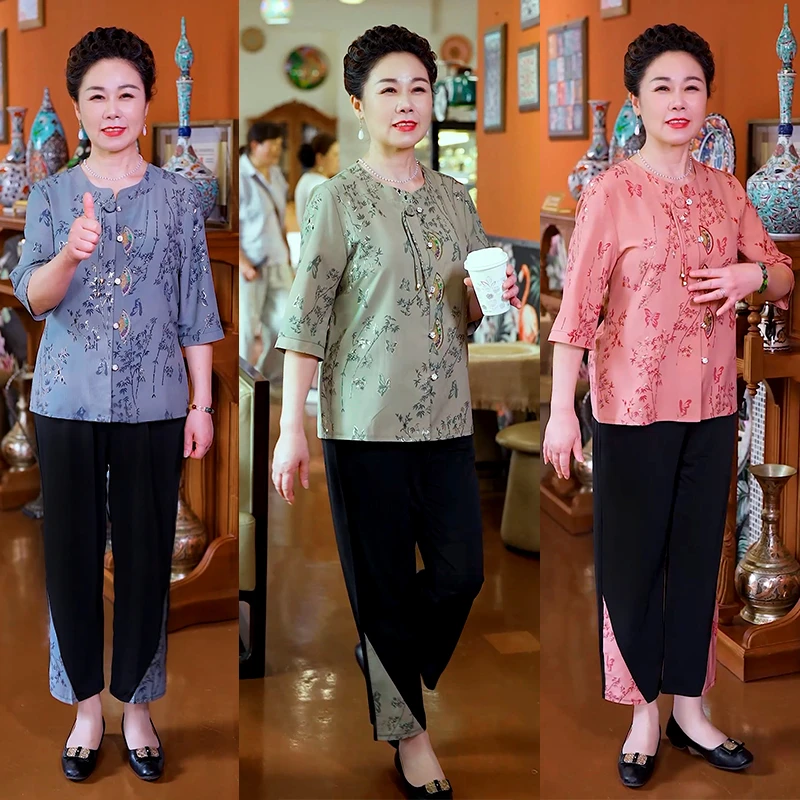 妈妈夏装套装中老年人女装夏季国风两件套奶奶装衣服老太太上衣