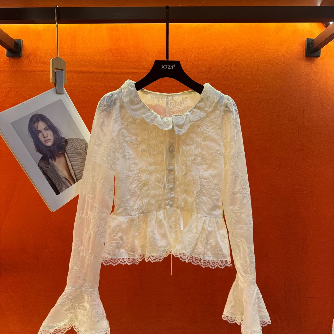 潮品25衬衫长袖白色时尚蕾丝花边