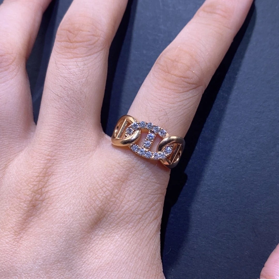 钻石18K金镶嵌戒指/指环k玫宽版猪鼻子戒指