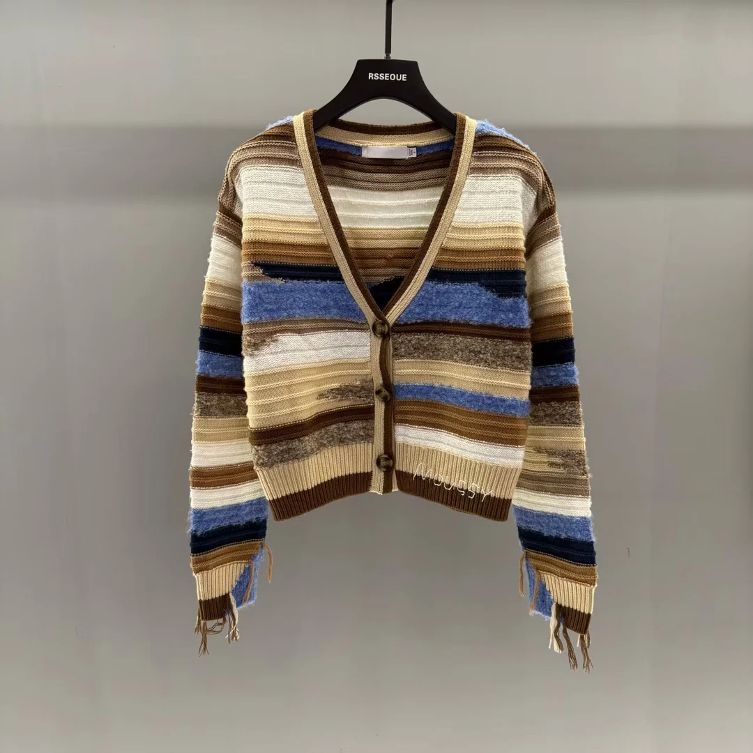 韩版时尚撞色条纹V领毛衣女秋季新款设计感宽松慵懒针织开衫X273