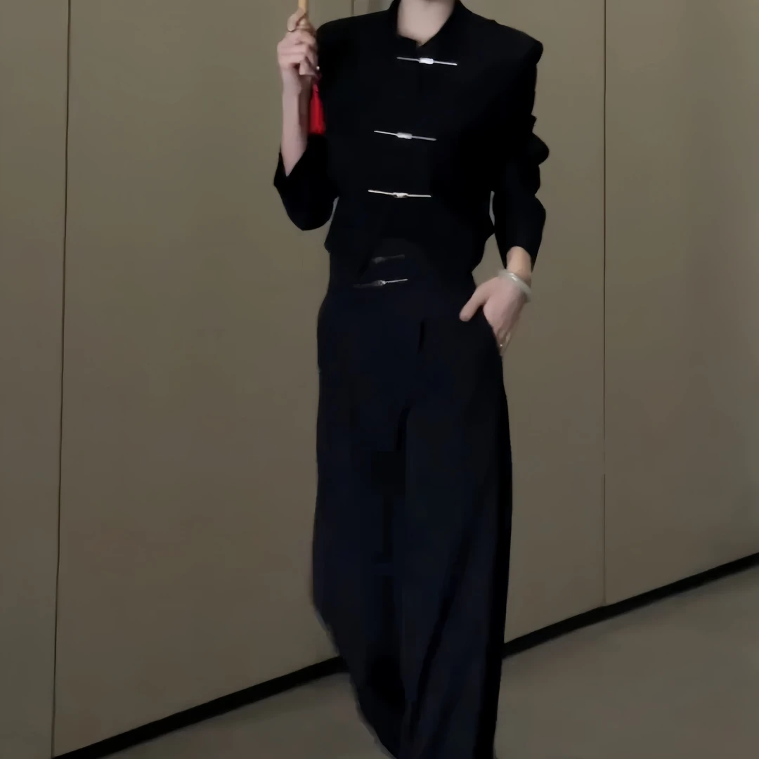 新中式气质小西装复古外套高腰显瘦直筒拖地裤国风设计师两件套装