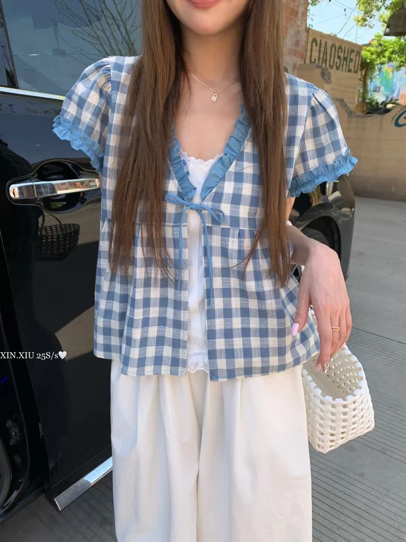 夏季新款韩系甜美格子系带假两件衬衫