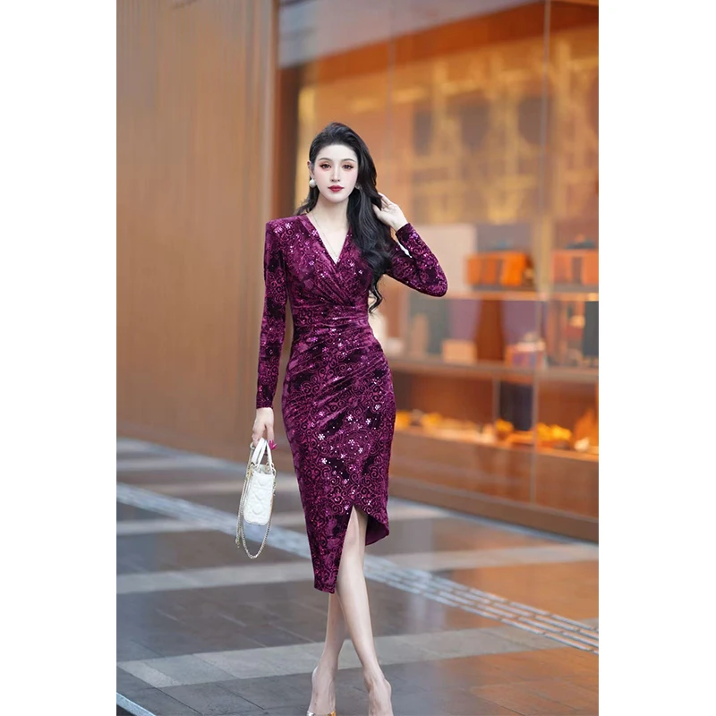 尤克菲儿 轻奢高定丝绒烧花气质优雅修身显瘦高级感连衣裙