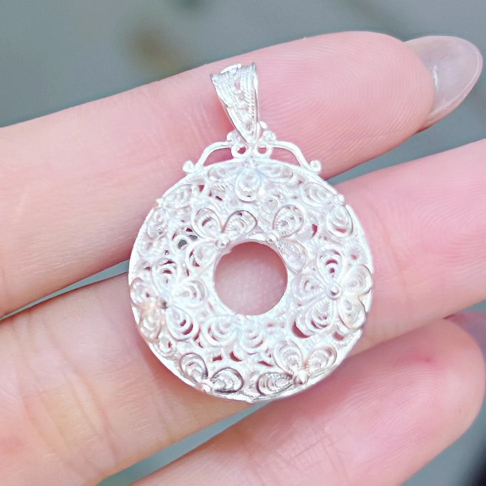 吊坠足银 足银999宫廷风镂空花丝平安扣吊坠
