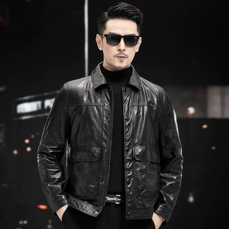 2251爆款海宁真皮皮衣男士头层小牛皮修身皮夹克春秋短款油蜡外套