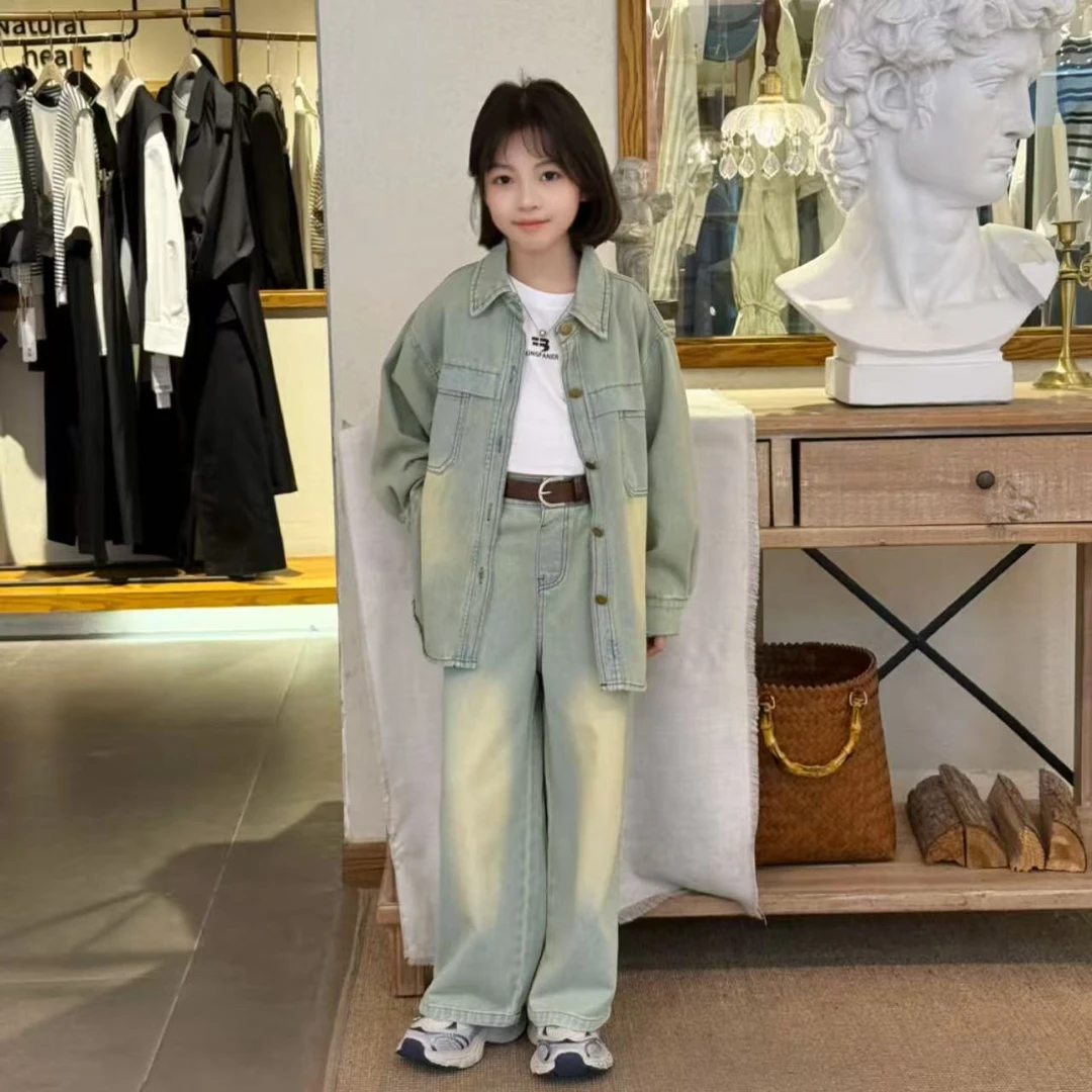 女童牛仔衬衫阔腿裤套装春秋2025韩版中大童时髦洋气两件套长款潮