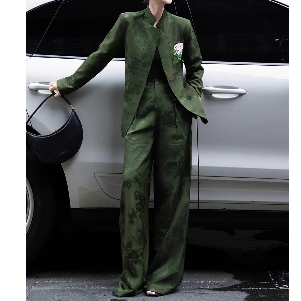 高定职业女装设计感国绿色提花西服上衣阔腿裤通勤两件套春秋