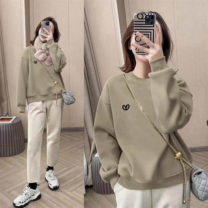 圆领套头打底衫加绒加厚卫衣女2025秋冬新款宽松韩版外套春秋薄款