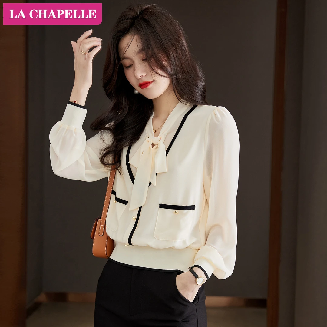 拉夏贝尔假两件V领衬衫女2026春款法式气质系带长袖设计韩版上衣