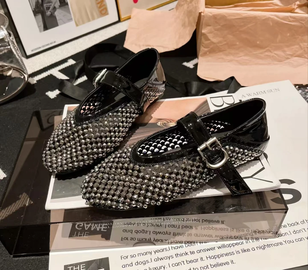 羊皮版～网眼一字扣带芭蕾鞋女满钻平底鞋镂空玛丽珍单鞋渔网鞋潮