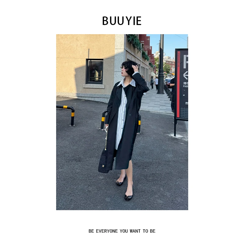 BUUYIE 25SS【暮野】新款休闲宽松高级感黑色风衣外套 250327