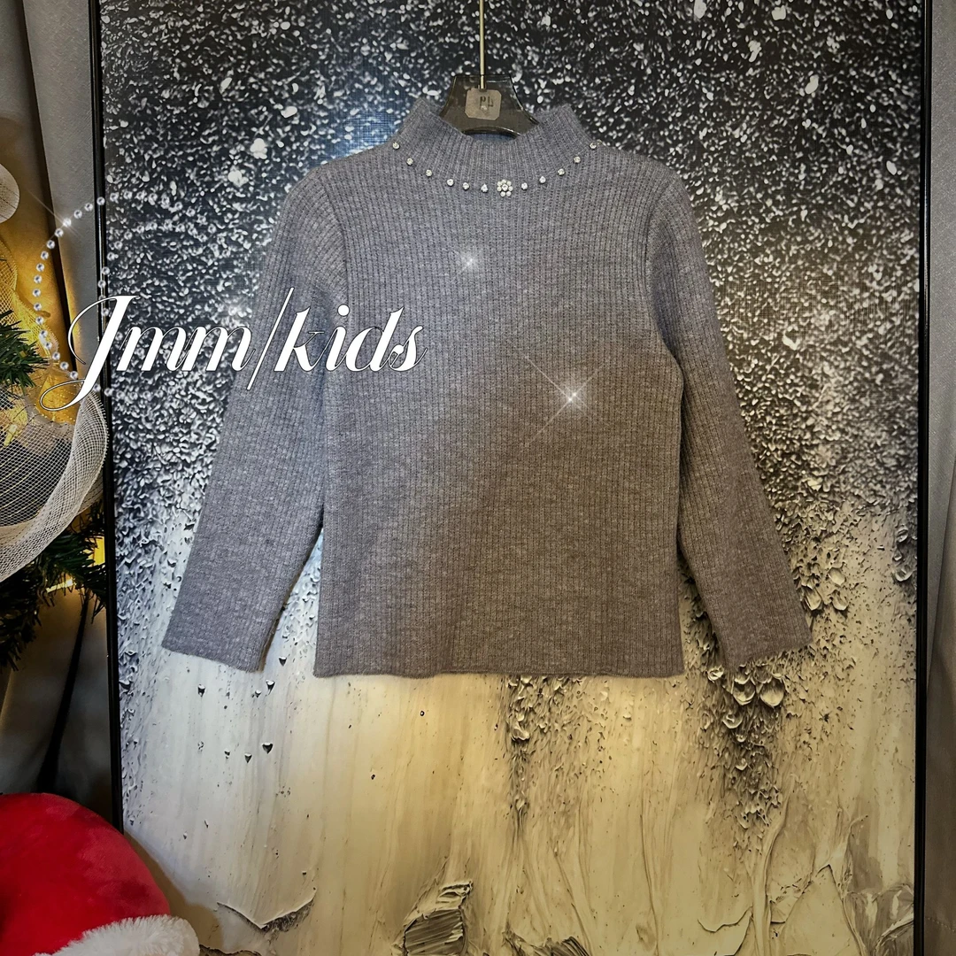 单品-灰针织 C015女童钉珠毛衣纯色半高领韩版宽松套头秋冬上衣