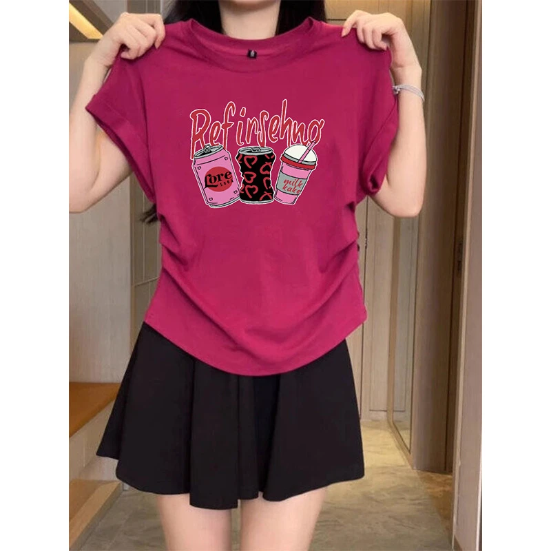 火龙果色正肩T恤女短袖夏季2024新款大码胖mm显瘦设计感抽褶上衣