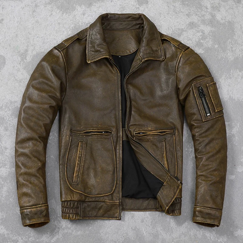 新款港系复古休闲飞行服黄棕复古做旧真皮皮夹克