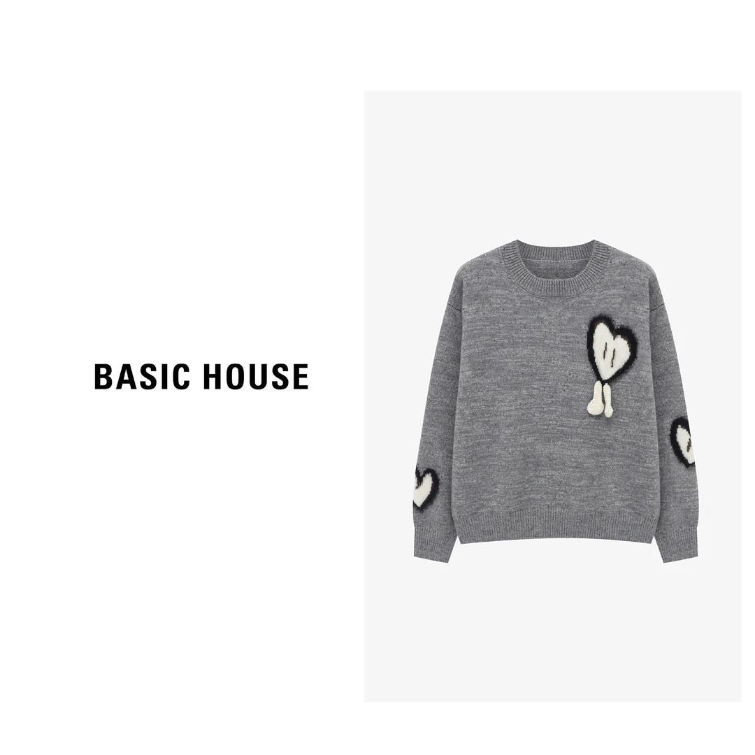 Basic House/百家好长袖针织时尚休闲灰色圆领毛衣-B06245B5292