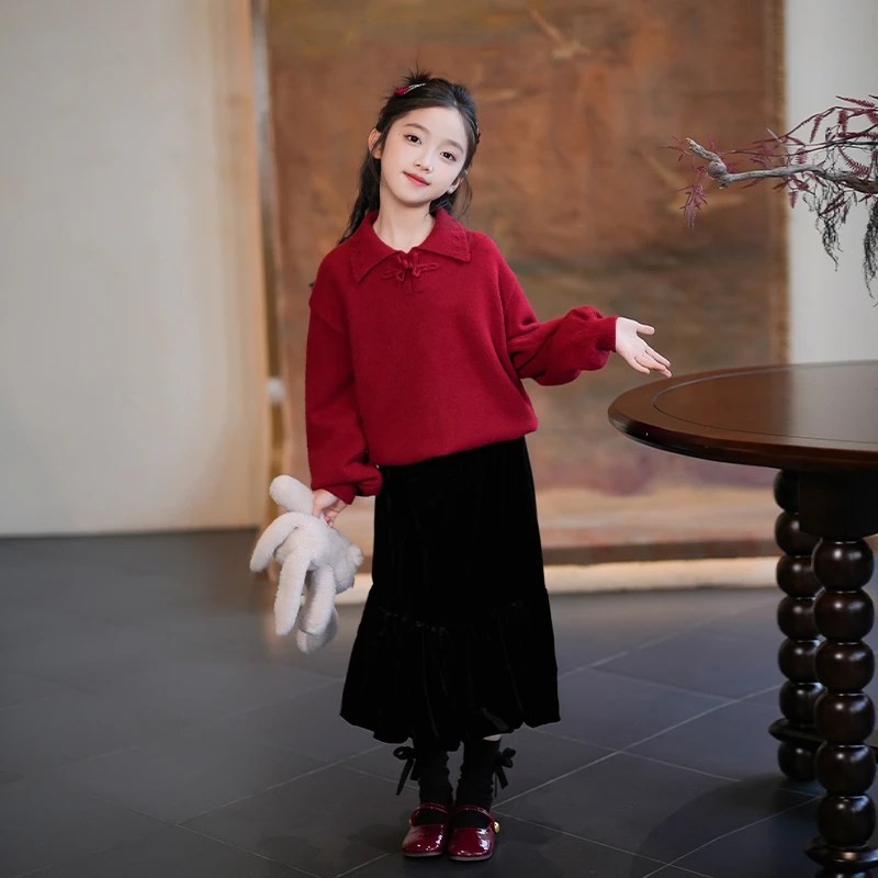 0769742女童红色毛衣上衣2025秋冬新款亮片半裙儿童针织衫毛线衣