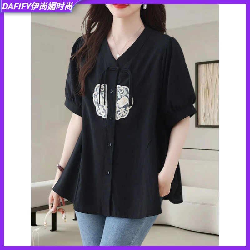 II新中式国风黑色雪纺衬衫女短袖夏季盘扣刺绣小衫大码宽松上衣l