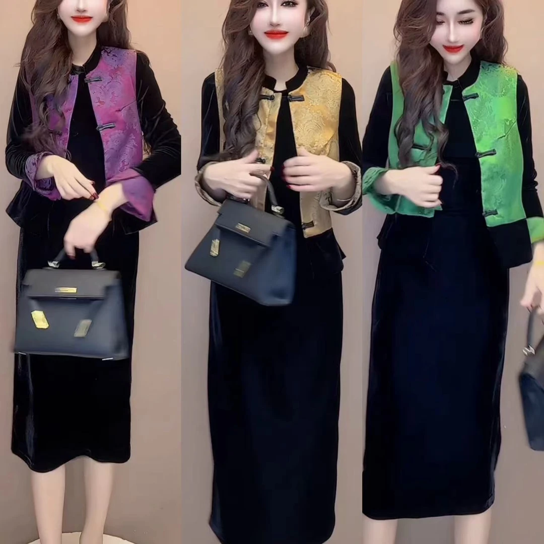 显瘦时尚套装新中式连衣裙复古中国风民族风春秋套装