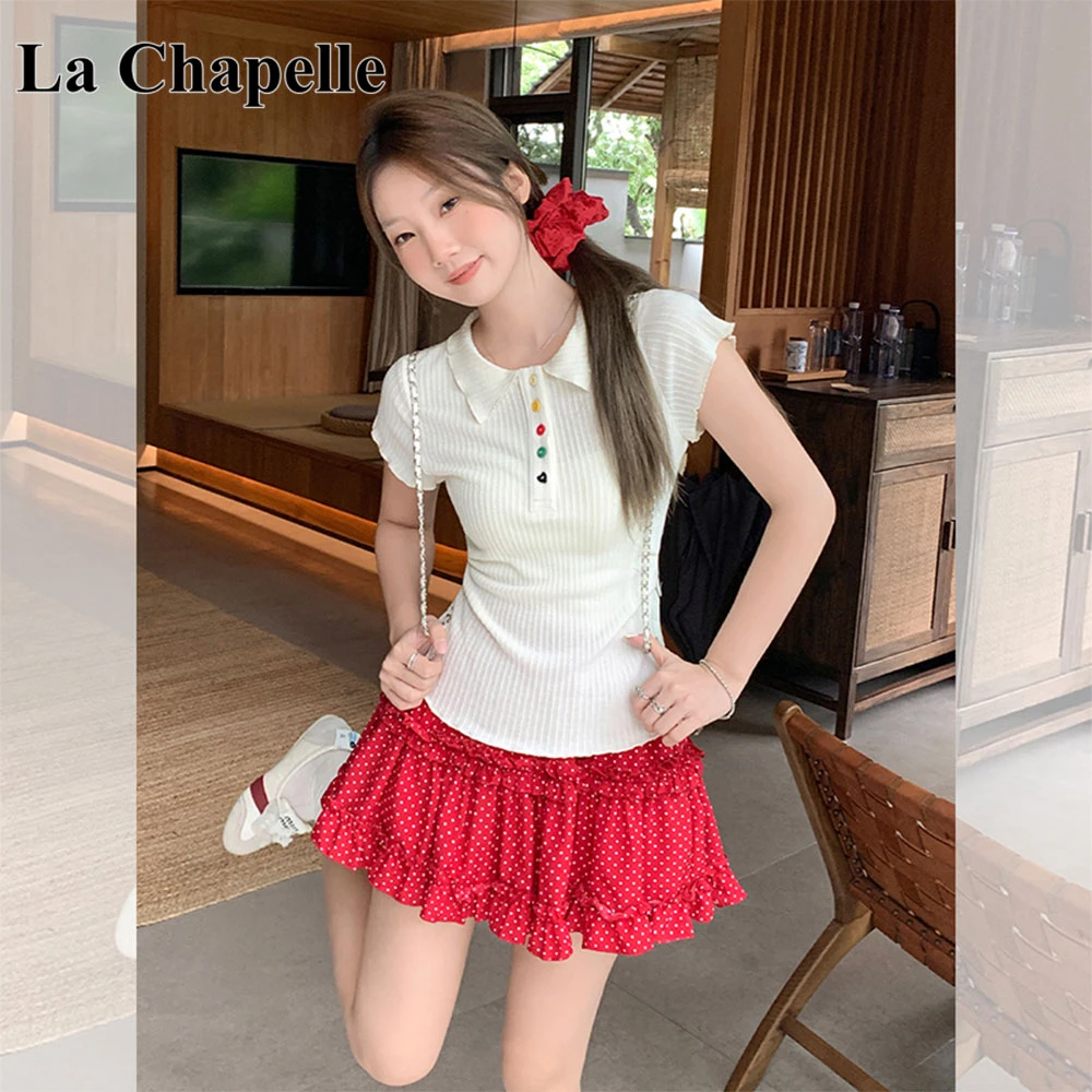 拉夏贝尔新款彩色纽扣POLO领甜美短袖夏季褶皱收腰T恤女修身上衣