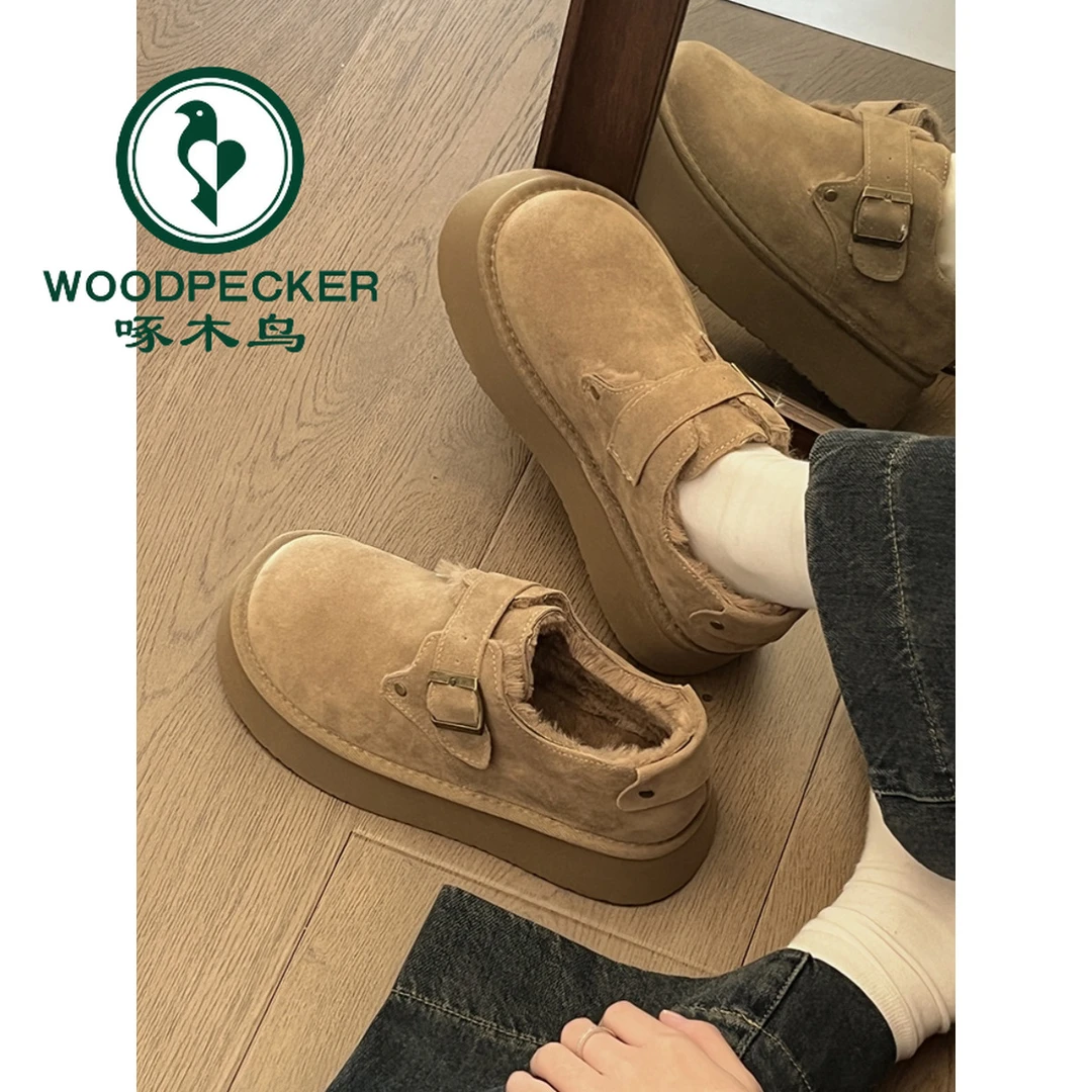 啄木鸟勃肯棉鞋女冬季加绒2025新款一脚蹬厚底增高大头面包雪地靴