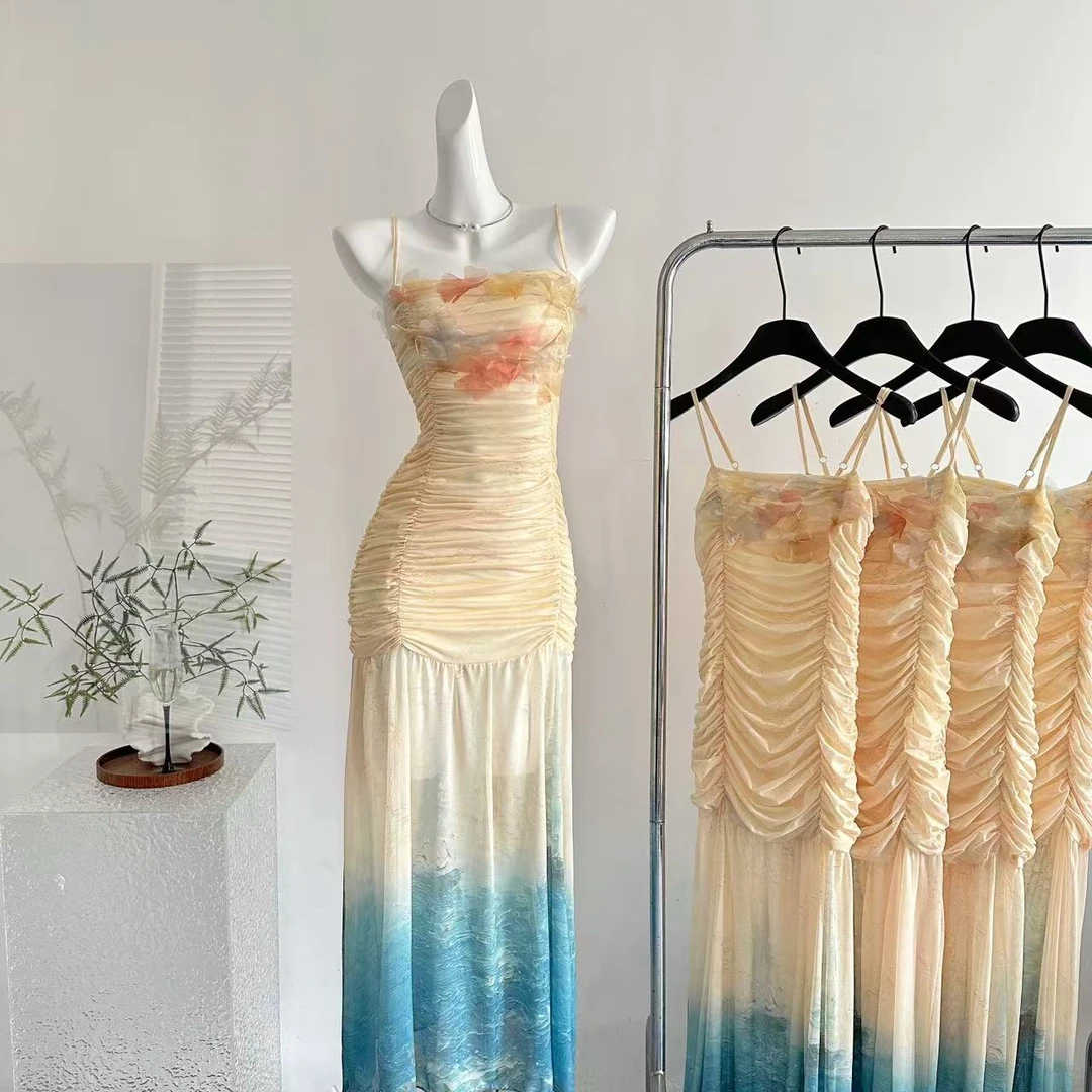 YanaRita弥山花语原创手工钉花渐变印花褶皱显瘦弹力吊带连衣裙子