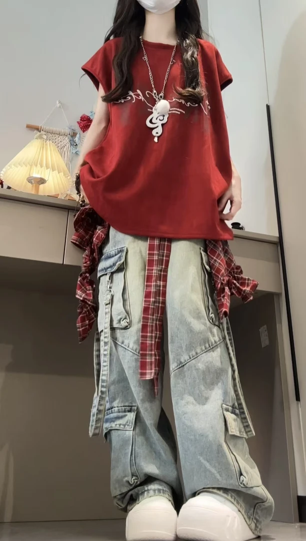 2025春夏新款韩系无袖背心T恤高街重工宽松阔腿牛仔裤女多口袋