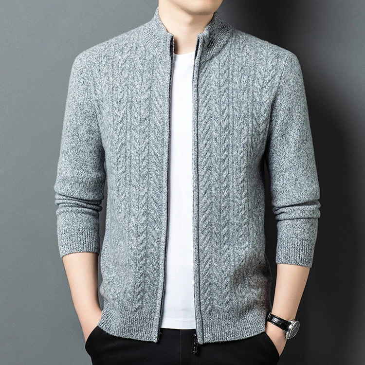 均重540g秋冬季时尚花纱提花100%纯羊毛高端开衫加厚拉链外套