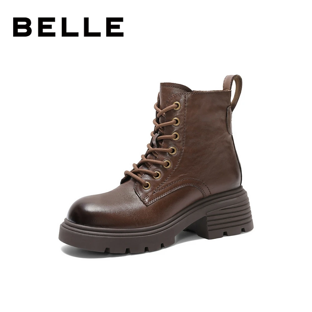 百丽增高厚底马丁靴女2024冬新真皮时尚美拉德短靴B2310DD4