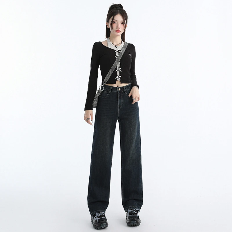 早秋新款年初新款美式高腰直筒牛仔裤复古遮胯显瘦阔腿梨形阔腿裤