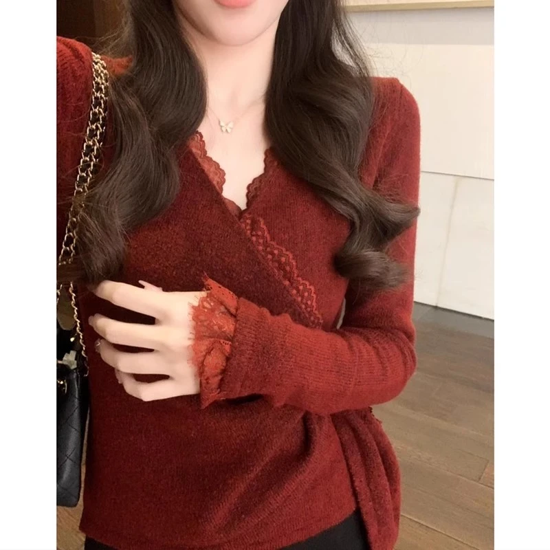 新年过年战袍红色蕾丝交叉领毛衣女秋冬季修身短款绑带针织衫上衣