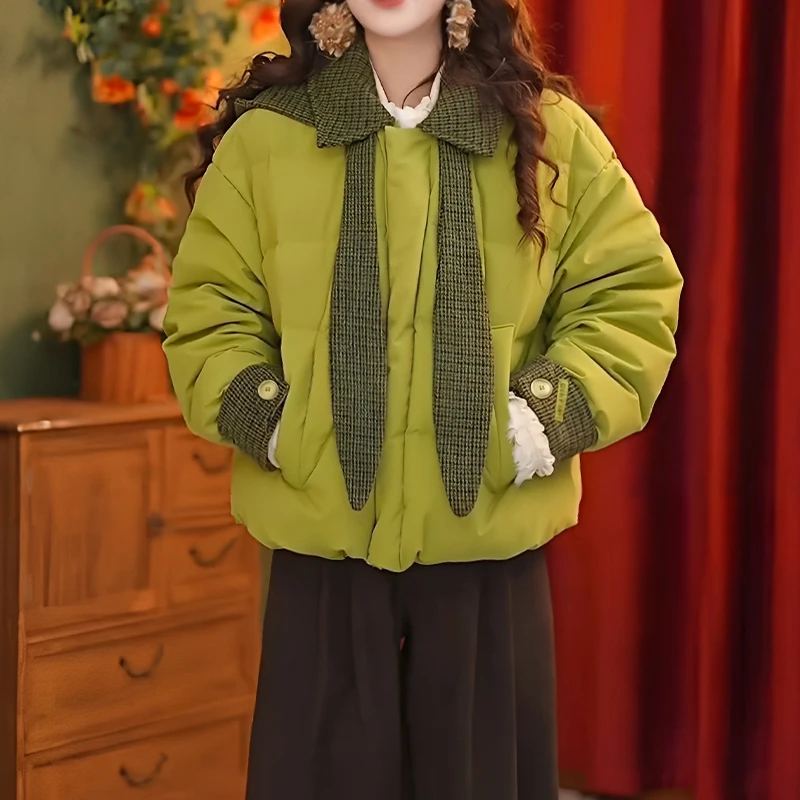 韩版兔耳朵格纹连帽棉服女2025冬季新款宽松显瘦加厚保暖减龄棉衣