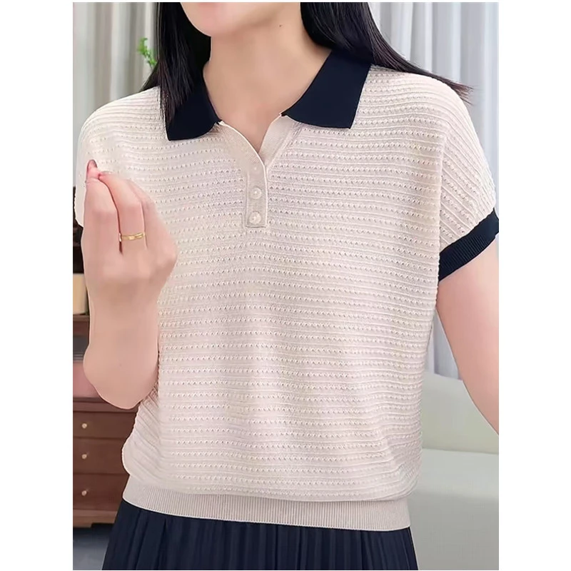 夏季新款翻领冰丝针织衫女宽松休闲显瘦上衣薄款短袖t恤洋气小衫