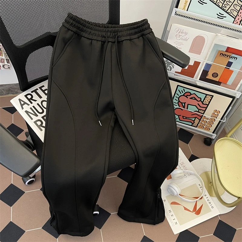 男款弯刀卫裤2025春秋美式侧边拉链微喇裤子直筒斜切休闲长裤