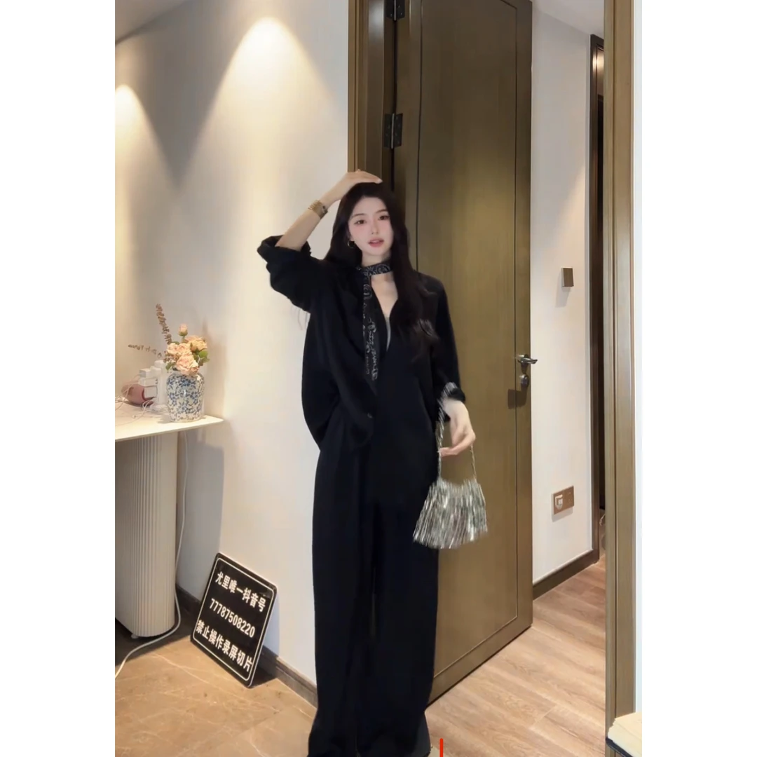 老钱风套装女慵懒宽松V领黑色衬衫高腰阔腿裤显瘦休闲两件套