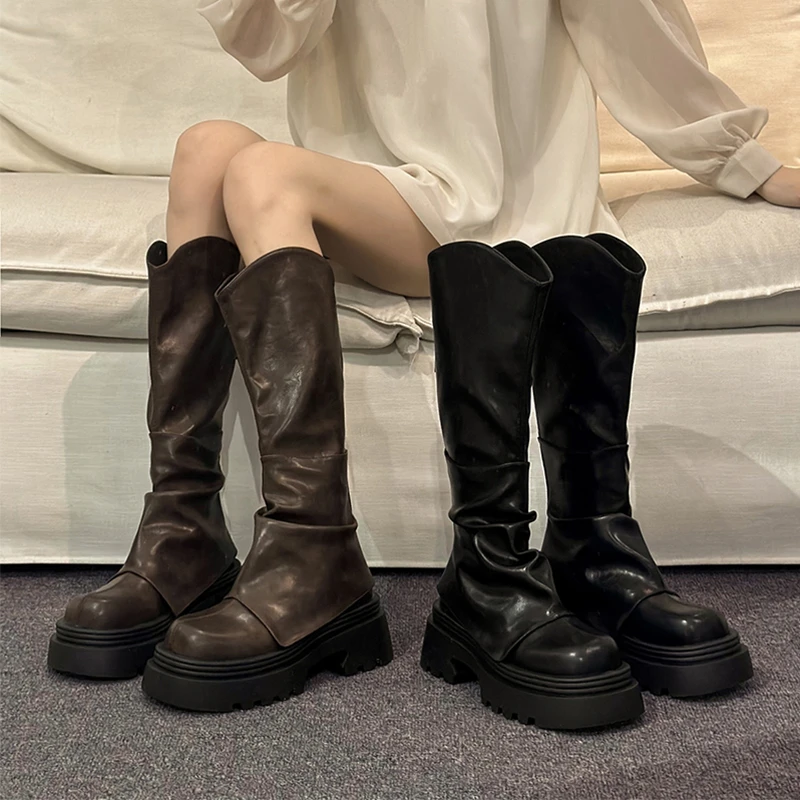 V口长筒靴子女春秋小个子厚底不过膝长靴复古裤管堆堆高筒骑士靴