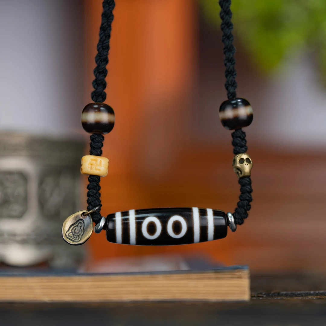 （乾元阁）黑白五眼天珠 黑金一线 设计款吊坠