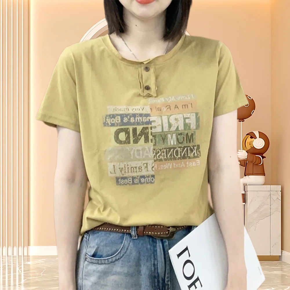 【纯棉】洋气衣服女2025夏季宽松印花短袖女t恤设计感圆领休闲t恤女