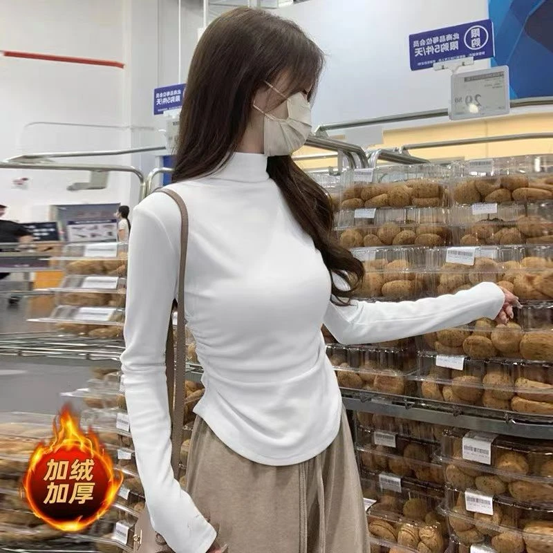 7813#德绒长袖半高领纯色T恤洋气百搭打底衫显瘦秋冬T恤