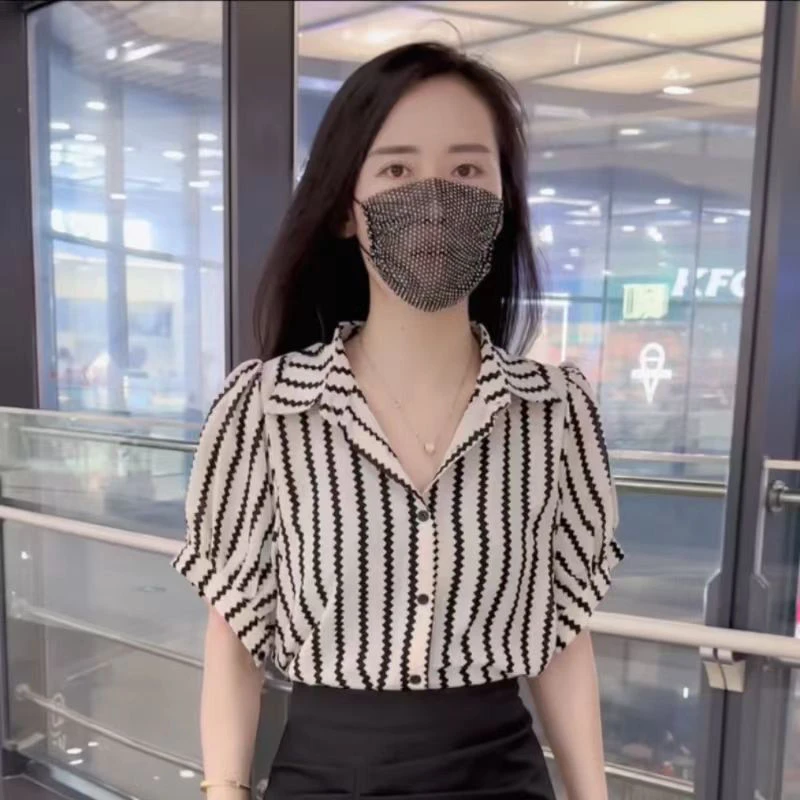 女士恤短袖条纹拼接领泡泡袖衬衫女上衣夏季新款超仙睡衣