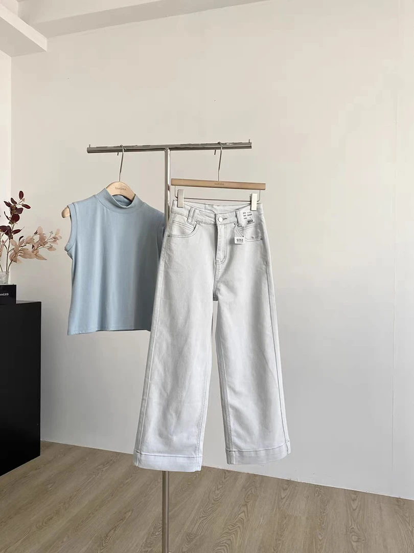 春夏洋气直筒牛仔裤女百搭米色九分休闲裤奶奶裤