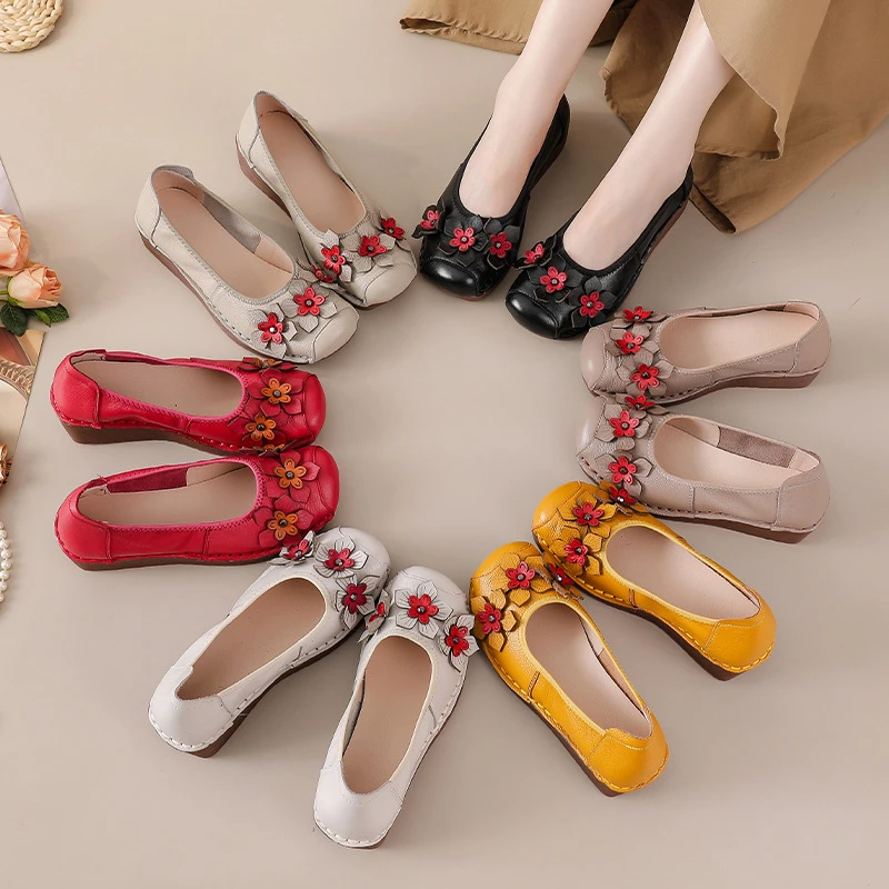 浅口妈妈单鞋中老年百搭女鞋一脚蹬豆豆圆头厚底春秋季民族风皮鞋