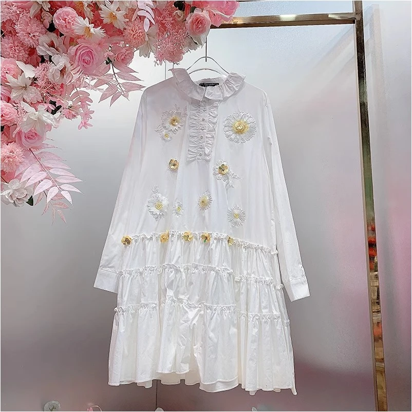 A1095欧美设计师2025早春新款刺绣亮片立体小花折皱领时尚连衣裙