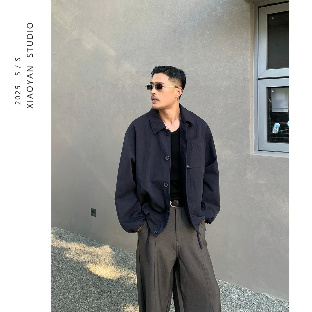 颜先生2025新款秋装极简风青年翻领夹克男衬衫款外套复古痞帅上衣