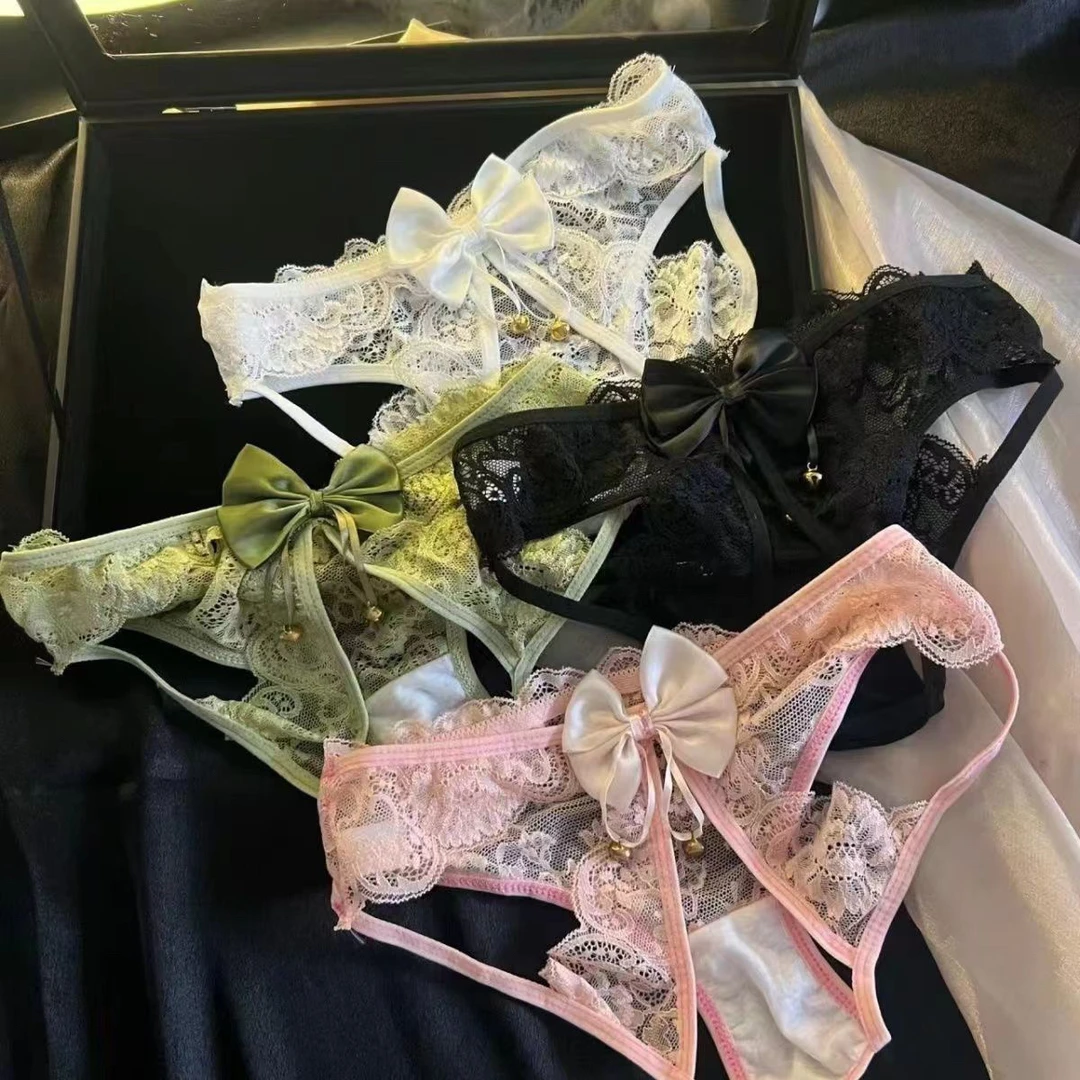 女士低腰纯欲镂空蕾丝三角内裤法式蝴蝶结铃铛设计