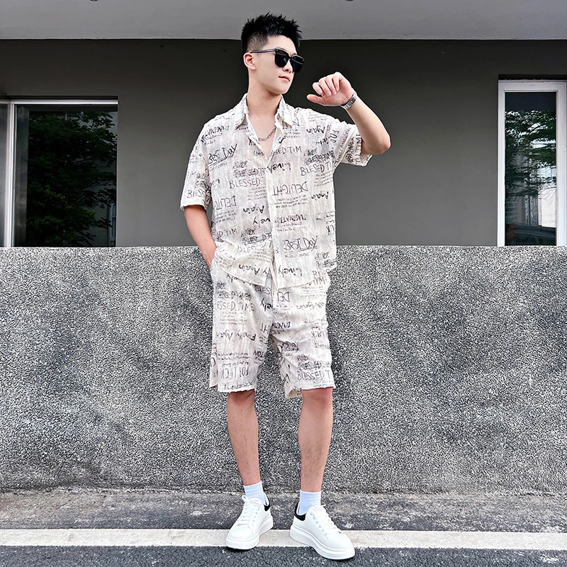 夏季破洞时尚套装男士冰丝短袖衬衫搭配五分裤潮流男装半袖两件套