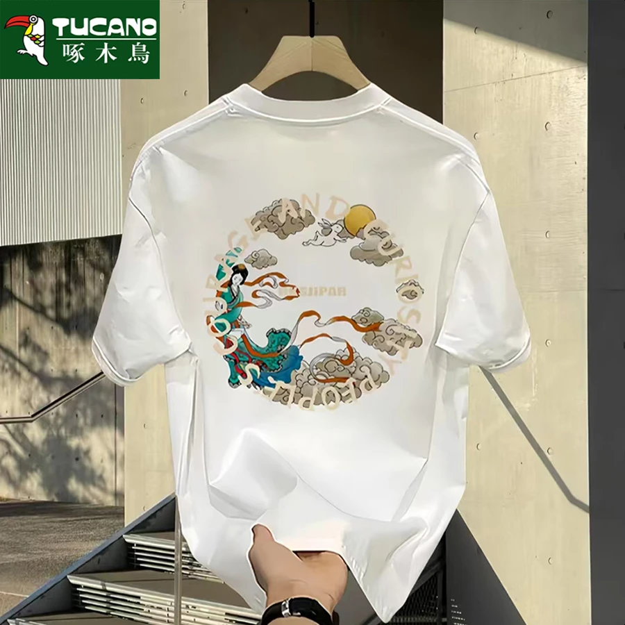 啄木鸟印花夏季短袖时尚男士圆领T恤白色t恤半袖时尚百搭春夏