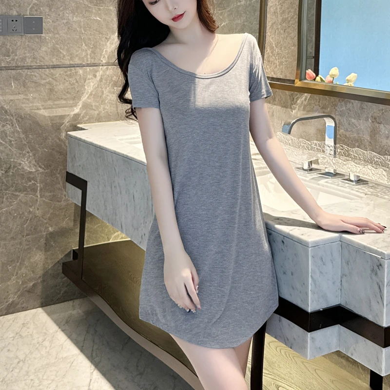 短袖睡裙女夏季莫代尔薄款性感露背睡衣大码宽松孕妇连衣裙带胸垫